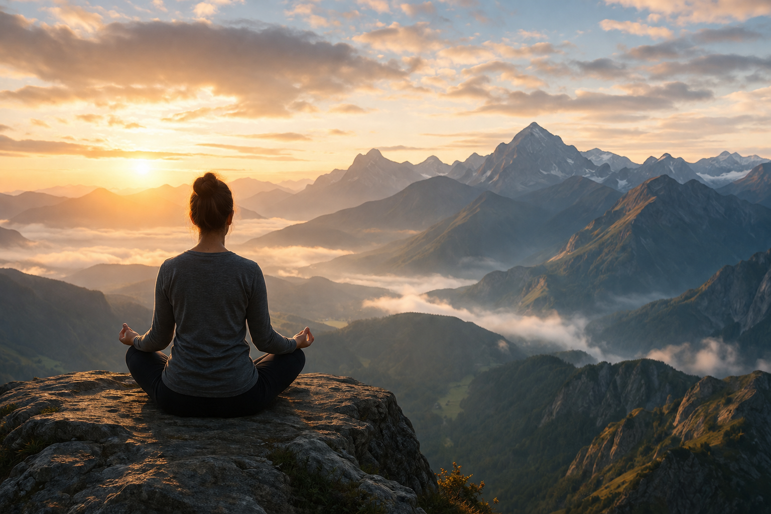 Person meditating over mountains at sunrise